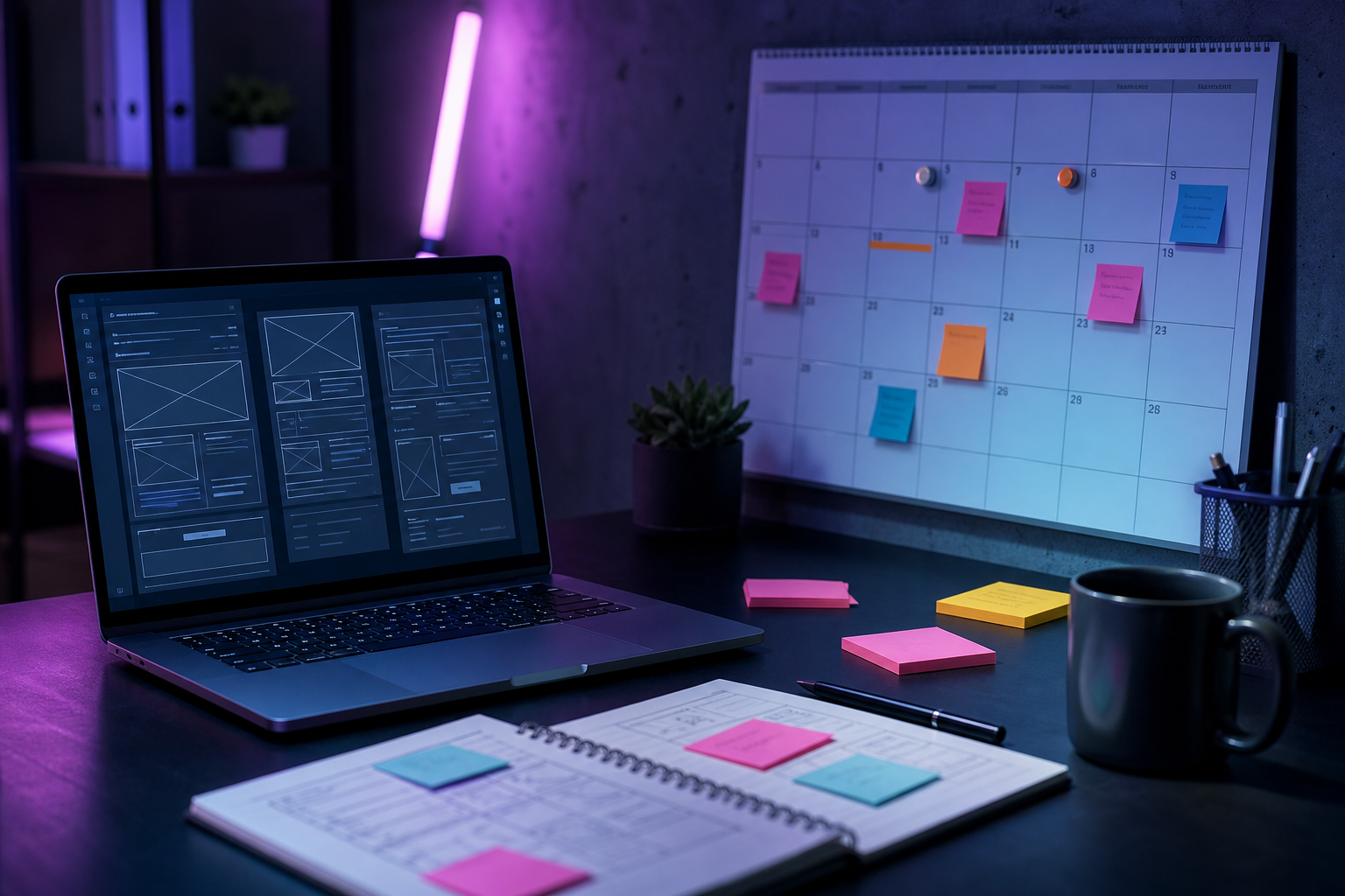 Работно пространство с календар, бележки и wireframe на уебсайт за планиране на срок